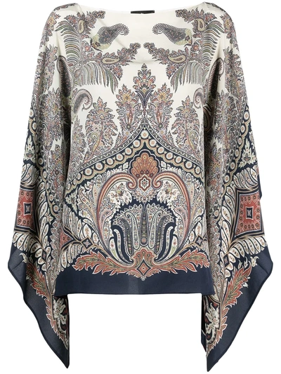 Shop Etro Paisley Embroidered Draped Silk Blouse In Blue