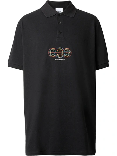 Shop Burberry Embroidered Globe Graphic Polo Shirt In Black