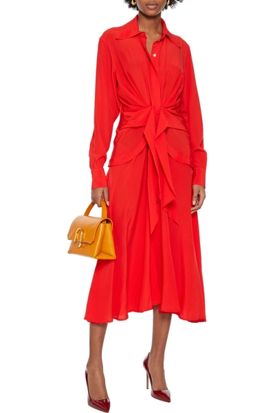 Shop Victoria Beckham Tie-front Silk Crepe De Chine Midi Shirt Dress In Tomato Red