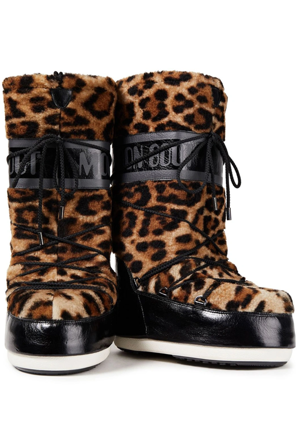 Yves Salomon X Moon Boot Lace up Leopard print Shearling And Cracked Patent leather Snow Boots In Animal Print ModeSens