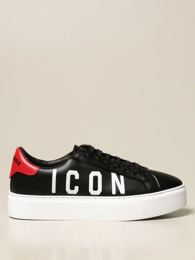 Shop Dsquared2 Platform Sneakers In Leather With Icon Print In Black