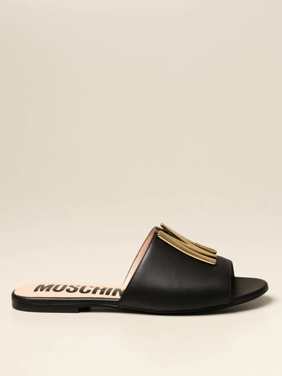 Shop Moschino Couture Flat Sandal In Leather With Logo In Black