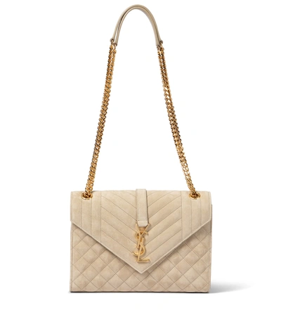 Shop Saint Laurent Envelope Medium Suede Shoulder Bag In White