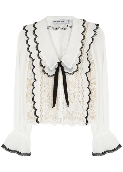 Shop Self-portrait White Panelled Chiffon And Lace Blouse In White And Black