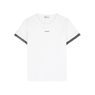 Shop Red Valentino White Lace-trimmed Cotton T-shirt In White And Black