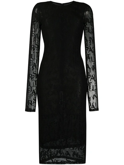 Shop Versace Jeans Couture Embroidered Logo Lace Midi Dress In Black