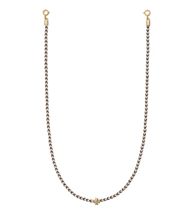 Shop Tory Burch Braided Face Mask Chain In Rolled Brass/black/optic White