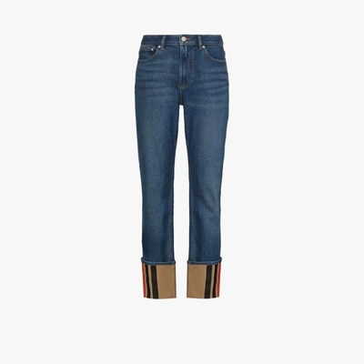 Shop Burberry Blue Icon Stripe Cuffed Jeans