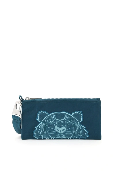 Shop Kenzo Pouch Wallet Velvet Tiger In Duck Blue (green)