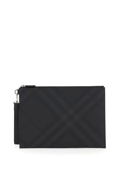 Shop Burberry Edin Large Pouch London Check In Dark Charcoal (grey)