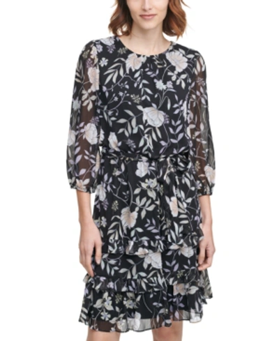Shop Calvin Klein Printed Tiered Dress In Black Floral