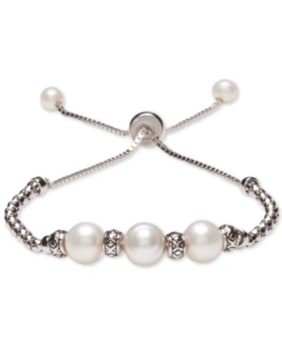 Shop Macy's Cultured Freshwater Pearl (8mm & 4mm) Bolo Bracelet In Sterling Silver In White