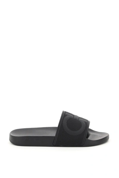 Shop Ferragamo Groove 7 Rubber Slides Gancini In Black