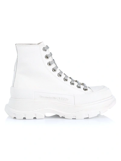 Shop Alexander Mcqueen Tread High-top Canvas Sneakers In White Silver