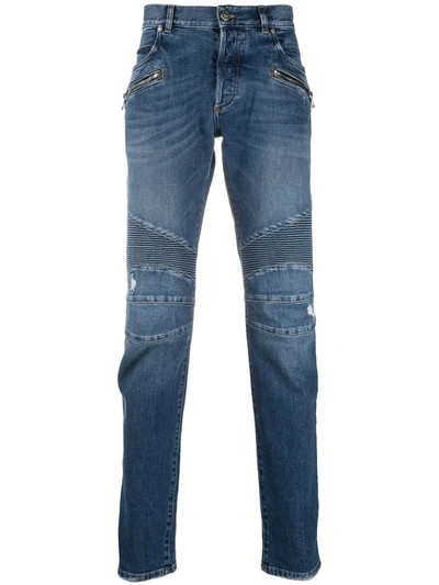 Shop Balmain Mid-wash Ribbed Tapered Jeans In Blue