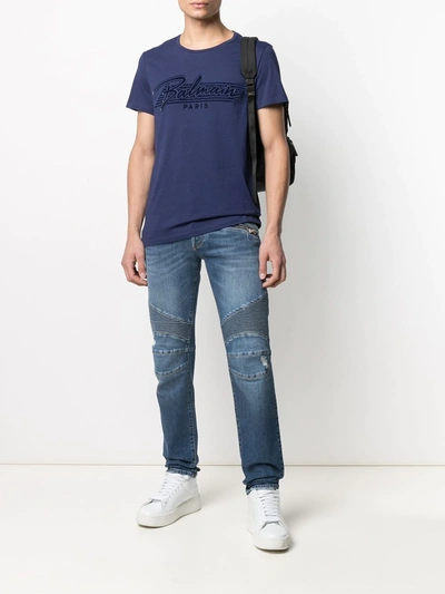 Shop Balmain Mid-wash Ribbed Tapered Jeans In Blue