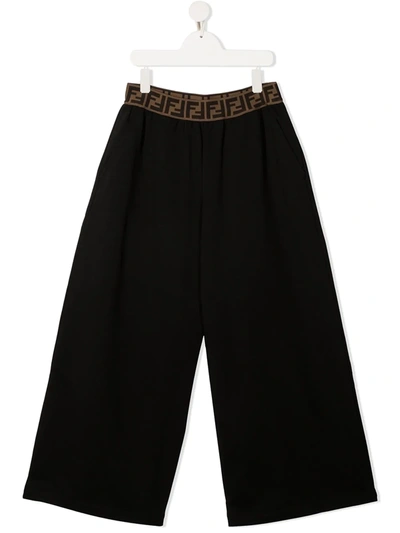 Shop Fendi Teen Logo Band Wide-leg Trousers In Black