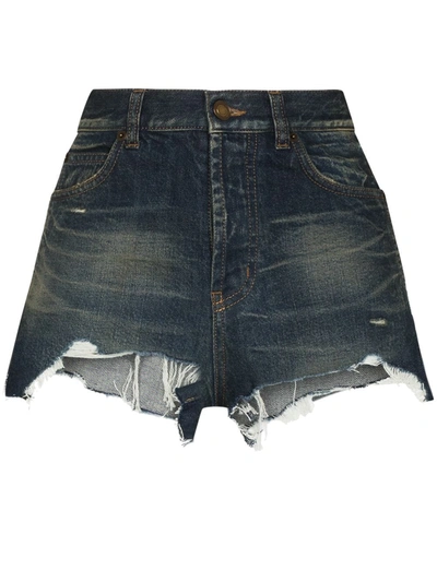 Shop Saint Laurent Distressed Washed Denim Shorts In Blue