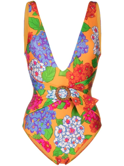 Shop Zimmermann Floral-print Swimsuit In Orange