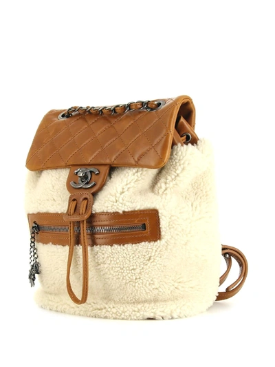 Pre-owned Chanel 2016 Limited Edition Shearling Flap Backpack In White