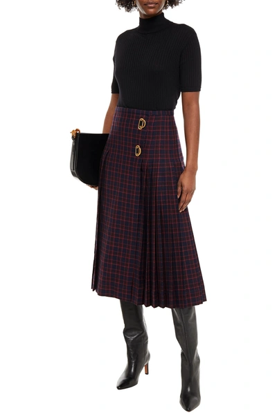 Shop Burberry Pleated Checked Wool Midi Wrap Skirt In Navy