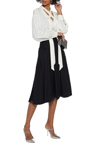 Shop Valentino Tulle-paneled Crystal-embellished Wool And Silk-blend Midi Skirt In Black