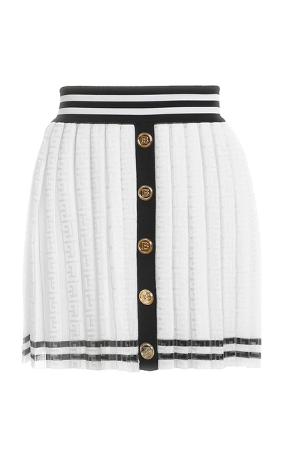 Shop Balmain Women's Pleated Monogrammed Jacquard Skirt In Black/white