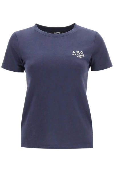 Shop Apc Denise T-shirt With Logo Embroidery In Dark Navy (blue)