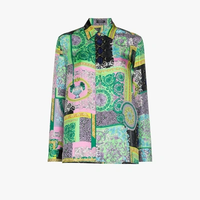 Shop Versace Baroque Patchwork Print Silk Shirt In Green