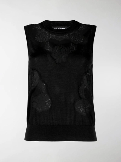Shop Dolce & Gabbana Floral Lace Knitted Vest In Black