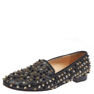 Pre-owned Christian Louboutin Black Leather Spiked Dandelion Smoking Slippers Size 38