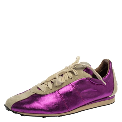 Pre-owned Burberry Purple/grey Fabric And Suede Leather Trim Low Top Trainers Size 39