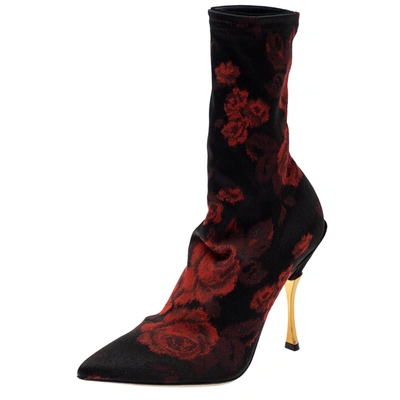 Pre-owned Dolce & Gabbana Docle & Gabbana Black/red Rose Jacquard Fabric Boots Size 36