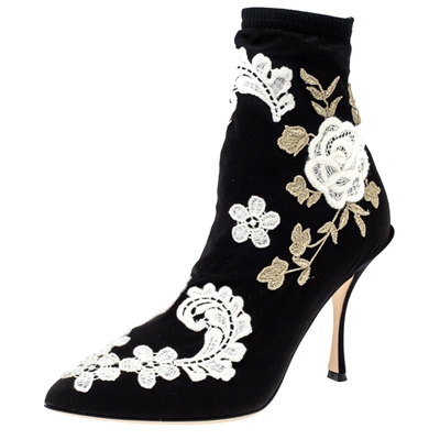 Pre-owned Dolce & Gabbana Black Jersey Flower Embroidered Stretch Booties Size 37