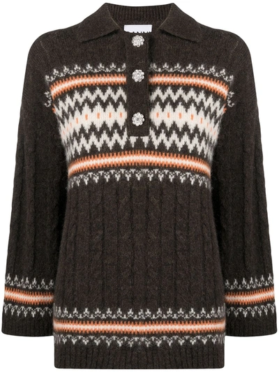 Shop Ganni Fair-isle Oversized Knitted Blouse In Brown