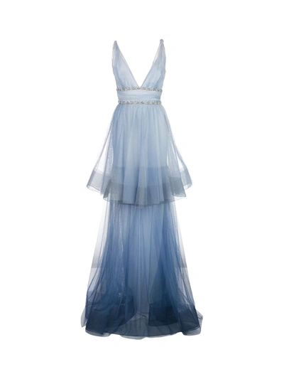 Shop Marchesa Notte V-neck Two Tiered Ombre Gown In Blue