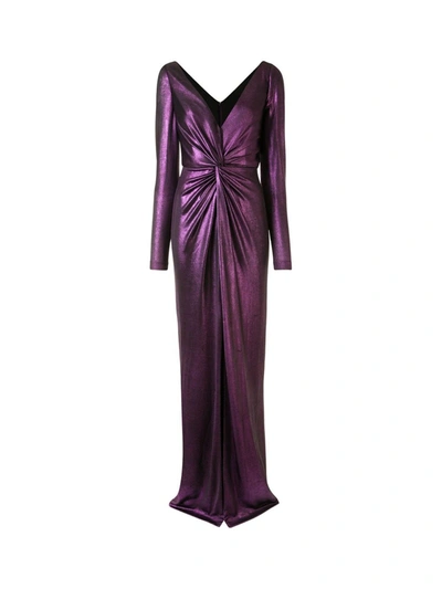 Shop Marchesa Notte Long Sleeve Metallic Gown In Purple