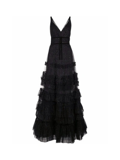 Shop Marchesa Ruffle Tiered Glitter Texture Gown In Black