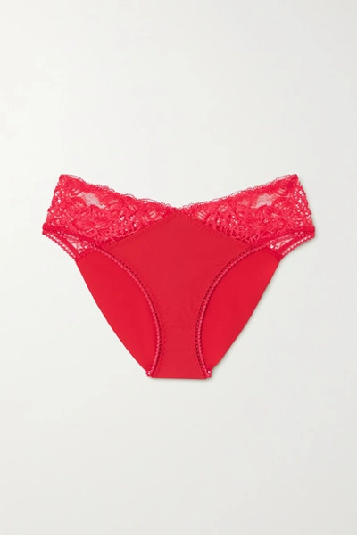 Shop La Perla Layla Stretch-jersey And Leavers Lace Briefs In Red