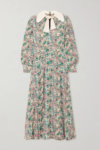 Shop See By Chloé Pussy-bow Floral Print Silk Crepe De Chine Midi Dress In Green