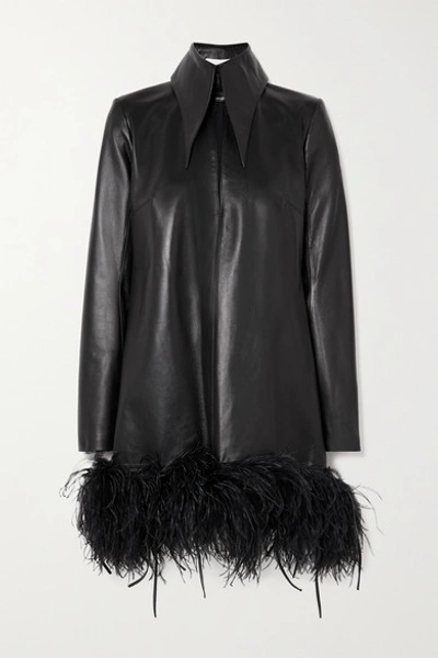 Shop 16arlington Michelle Feather-trimmed Leather Mini Dress In Black