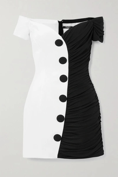 Shop Balmain Off-the-shoulder Two-tone Crepe Mini Dress In Black