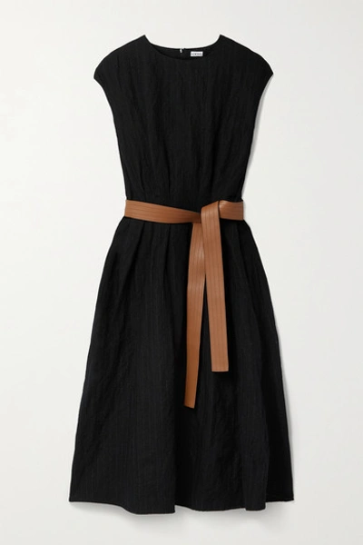 Shop Loewe Leather-trimmed Belted Metallic Wool-blend Twill Midi Dress In Black