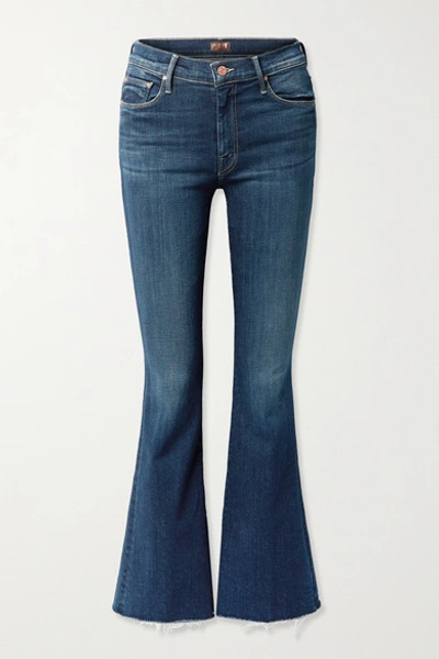 Shop Mother The Weekender Frayed High-rise Flared Jeans In Mid Denim