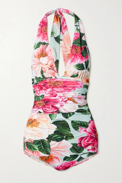 Shop Dolce & Gabbana Ruched Floral-print Halterneck Swimsuit In Pink