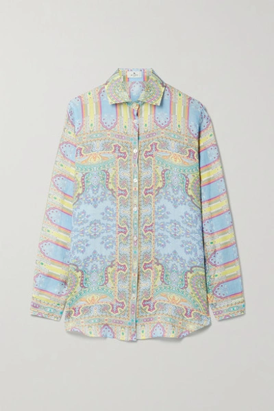 Shop Etro Printed Ramie Shirt In Blue