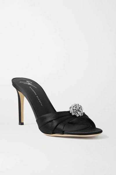 Shop Giuseppe Zanotti Crystal-embellished Satin Mules In Black