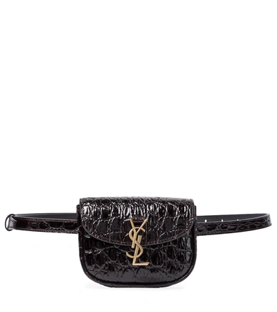 Shop Saint Laurent Kaia Croc-effect Leather Belt Bag In Brown