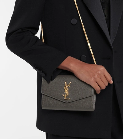 Shop Saint Laurent Uptown Leather Clutch In Grey