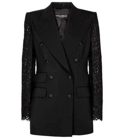Shop Dolce & Gabbana Lace-trimmed Wool-blend Blazer In Black